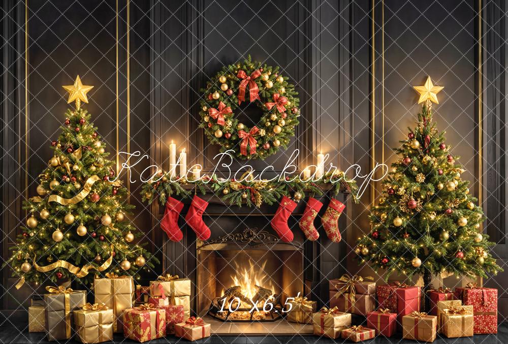 Kate Christmas Fireplace Wreath Trees Gifts Fleece Backdrop Designed by Emetselch - Image 2