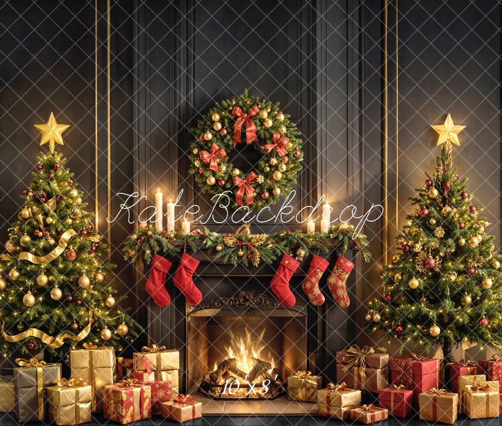 Kate Christmas Fireplace Wreath Trees Gifts Fleece Backdrop Designed by Emetselch - Image 3
