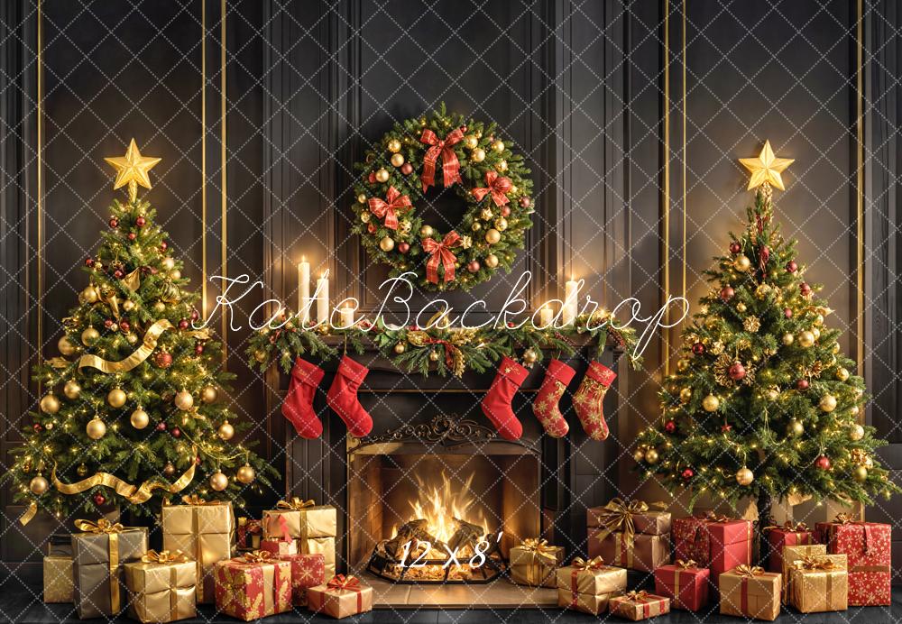Kate Christmas Fireplace Wreath Trees Gifts Fleece Backdrop Designed by Emetselch - Image 4