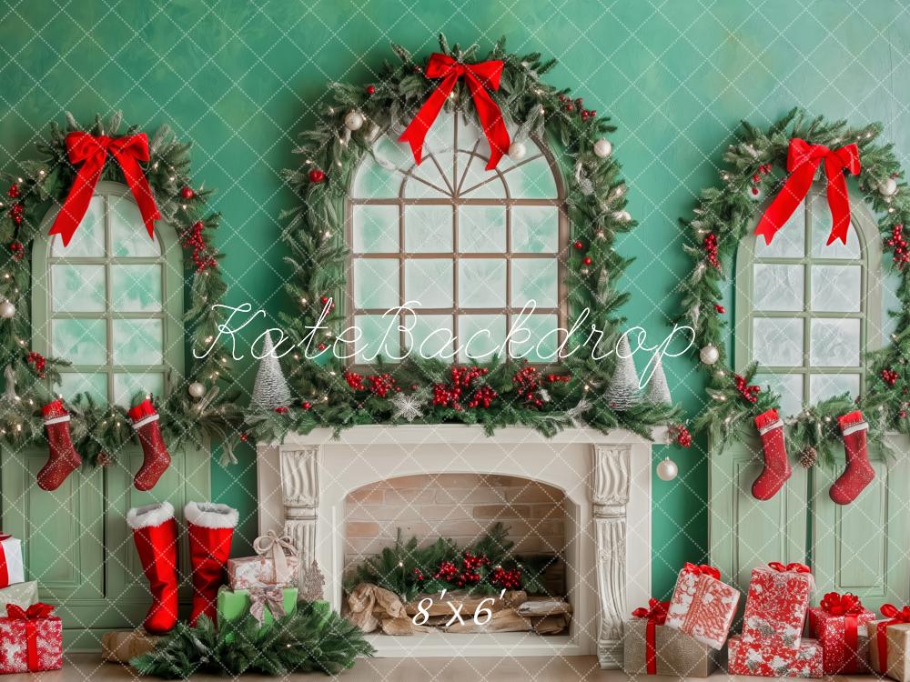 Kate Christmas Fireplace Wreaths Stockings Green Backdrop Designed by Patty Robert - Image 3