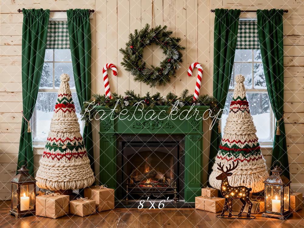 Kate Christmas Fireplace Yarn Trees Presents Backdrop Designed by Emetselch - Image 3