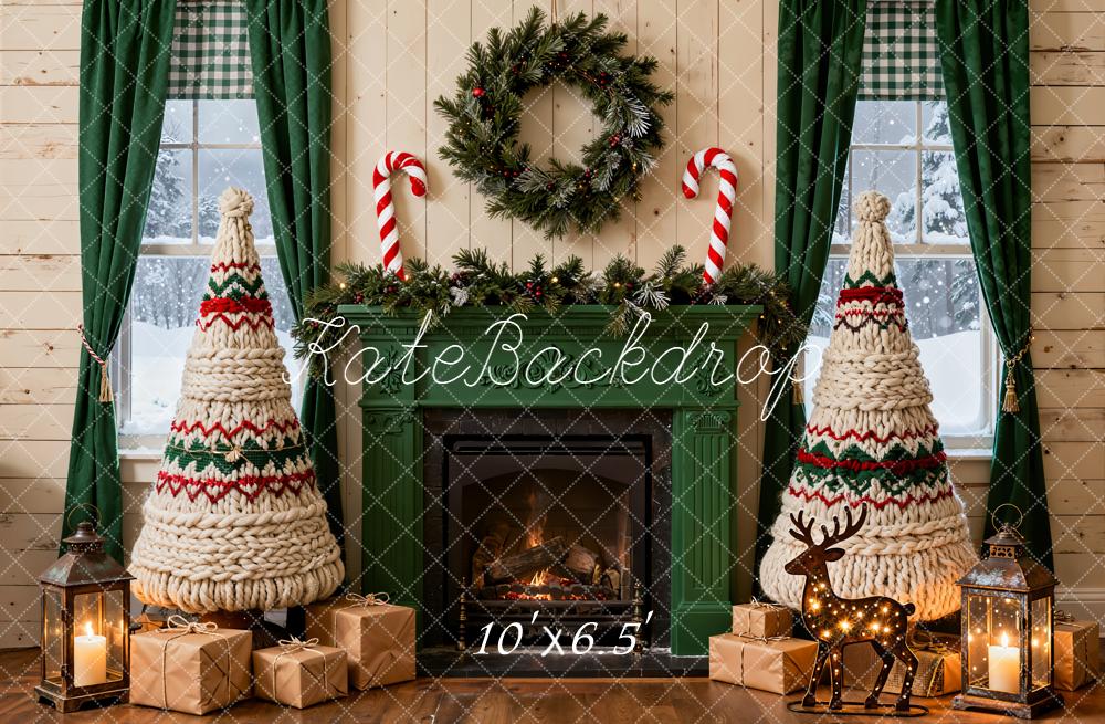 Kate Christmas Fireplace Yarn Trees Presents Backdrop Designed by Emetselch - Image 4