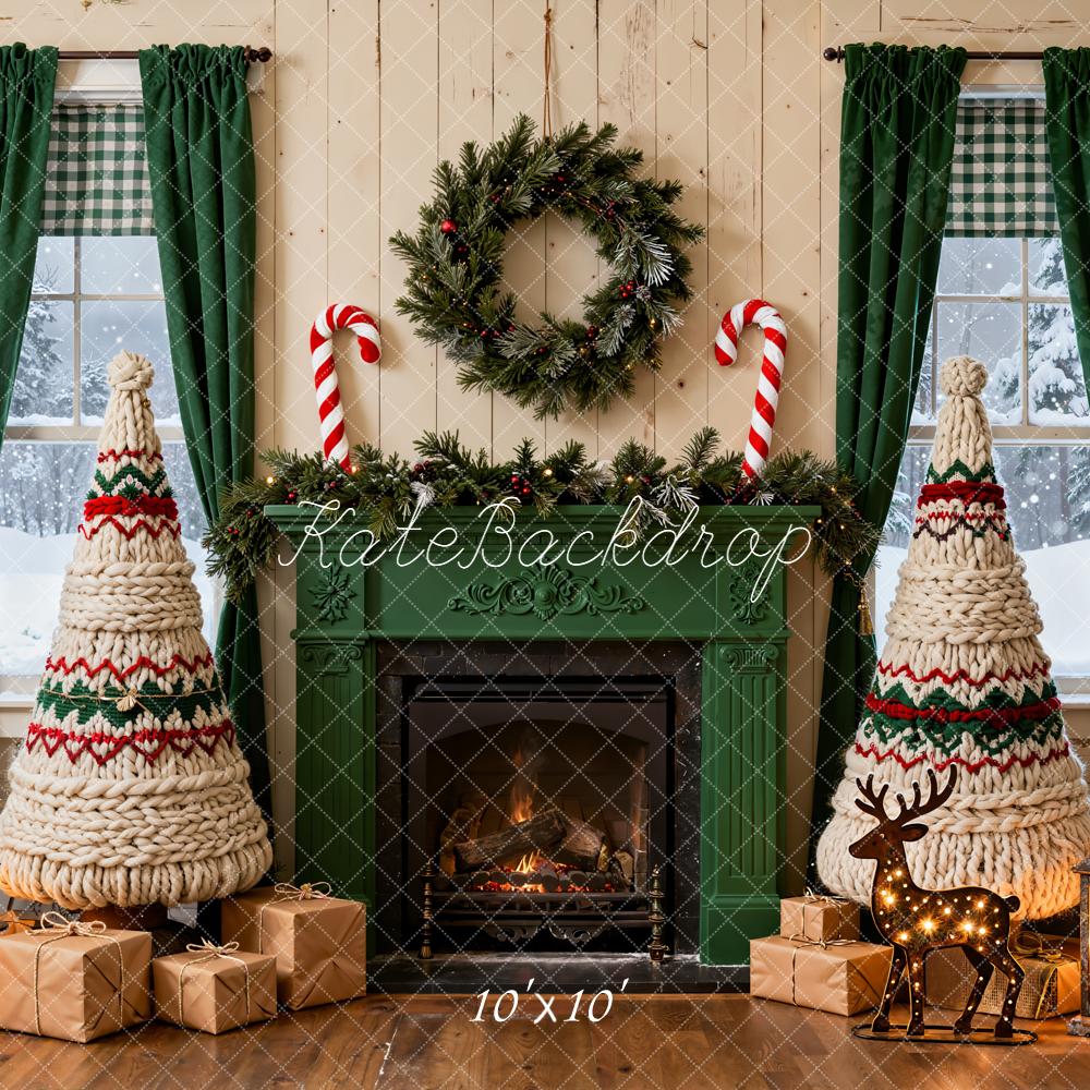 Kate Christmas Fireplace Yarn Trees Presents Backdrop Designed by Emetselch - Image 7