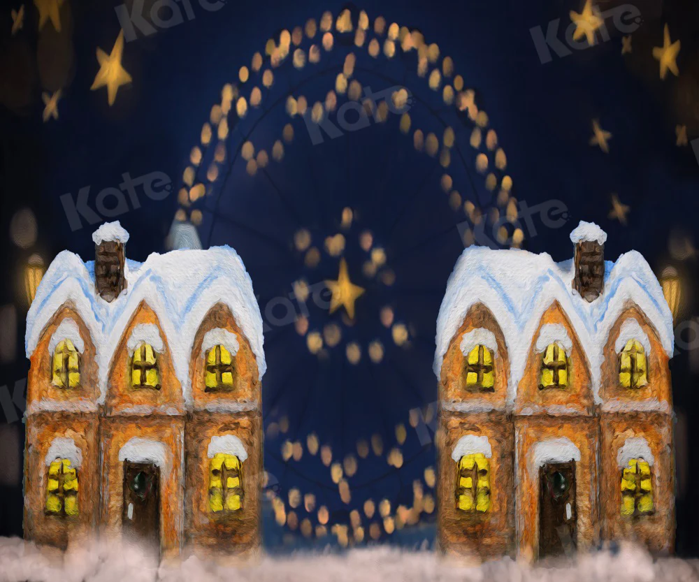 Kate Christmas Fireworks Star House Snow Backdrop for Photography - Image 3