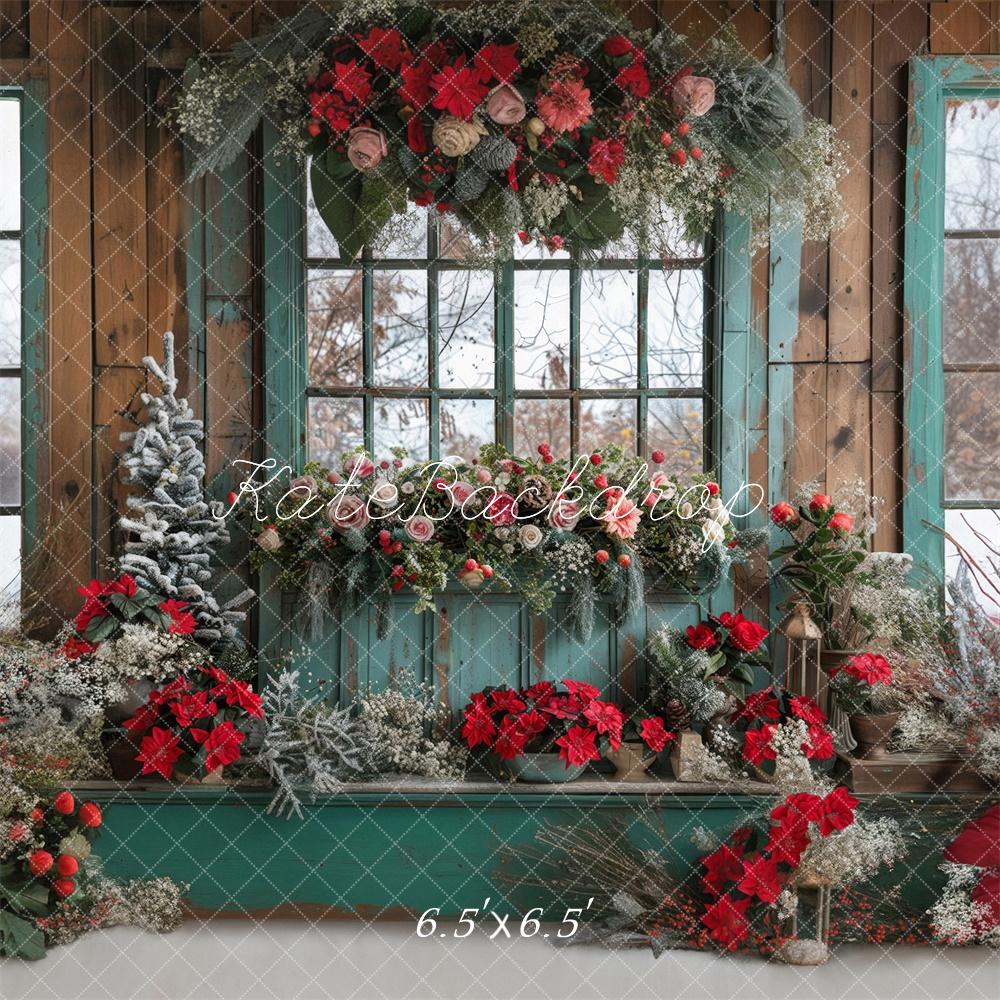 Kate Christmas Floral Blue Window Backdrop Designed by Laura Bybee - Image 2