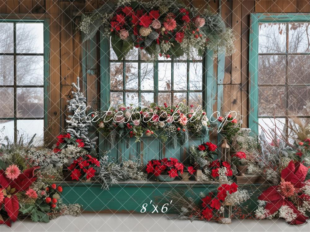 Kate Christmas Floral Blue Window Backdrop Designed by Laura Bybee - Image 3