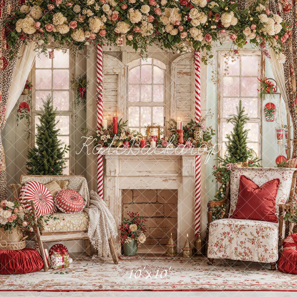 Kate Christmas Floral Fireplace Vintage Backdrop Designed by Emetselch - Image 7