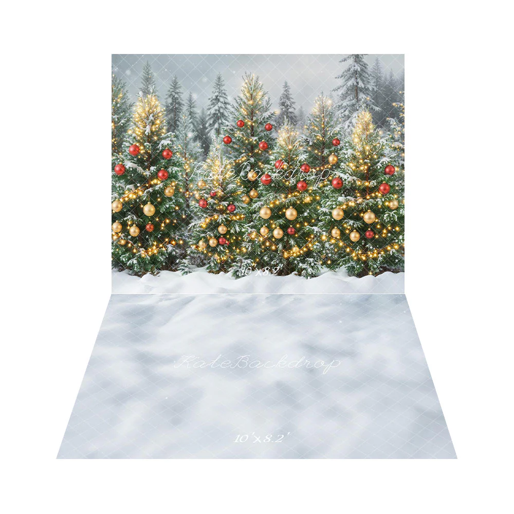 Kate Christmas Trees Forest Ornaments Lights Backdrop+Snowy White Texture Floor Backdrop - Image 2