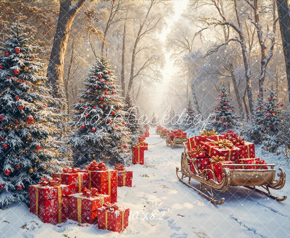 Kate Christmas Forest Sleigh Presents Fleece Backdrop Designed by Emetselch - Image 3