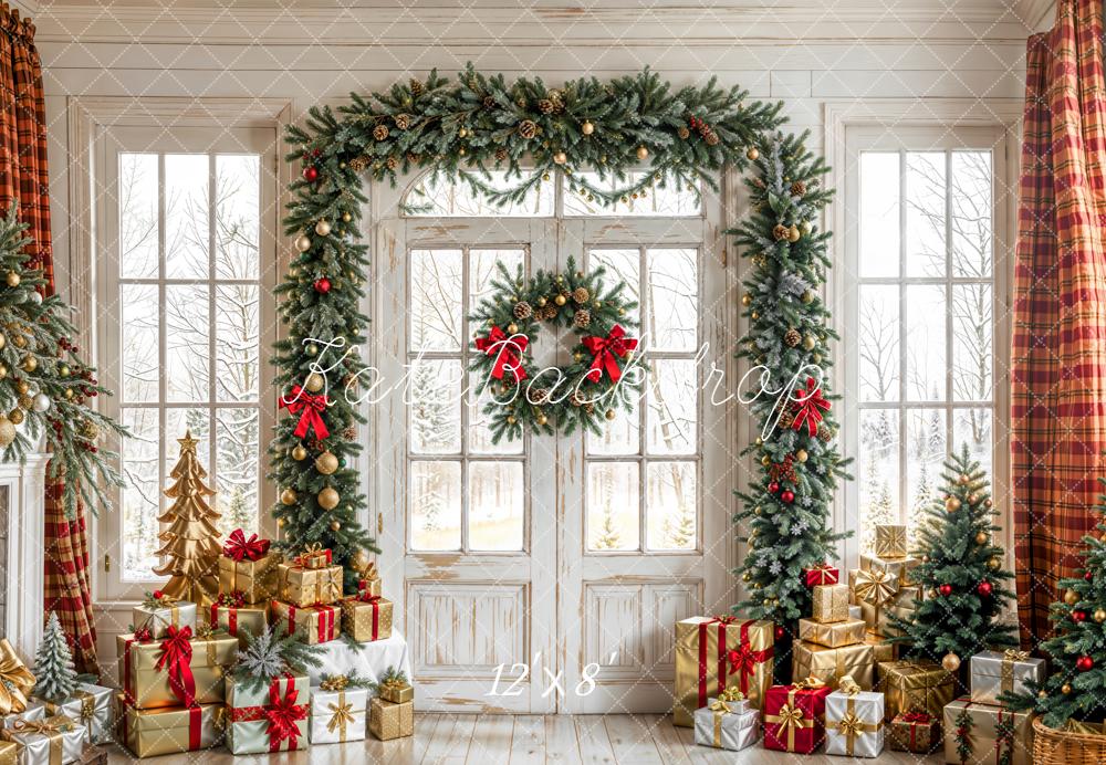 Kate Christmas Garland Presents Window Fleece Backdrop Designed by Emetselch - Image 2