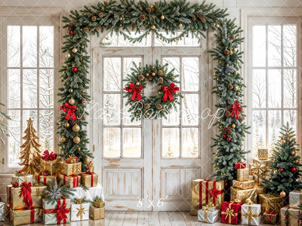 Kate Christmas Garland Presents Window Fleece Backdrop Designed by Emetselch - Image 3