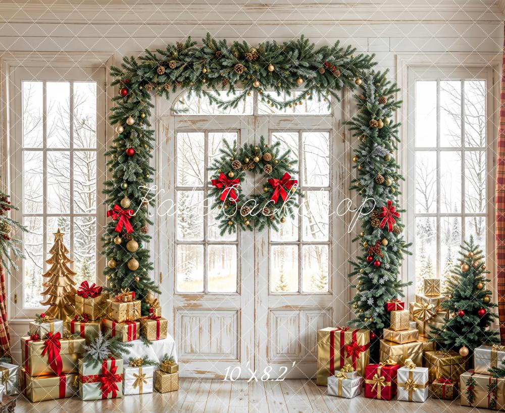 Kate Christmas Garland Presents Window Fleece Backdrop Designed by Emetselch - Image 4