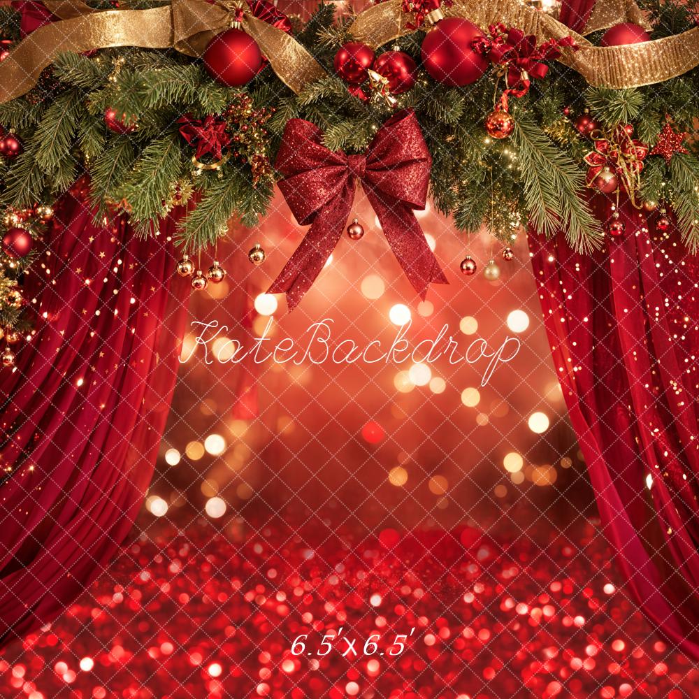 Kate Christmas Garland Red Curtains Bokeh Backdrop Designed by Emetselch - Image 2
