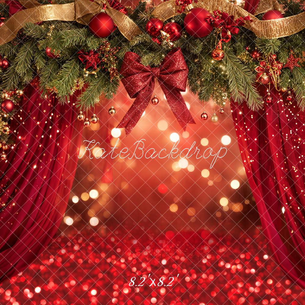 Kate Christmas Garland Red Curtains Bokeh Backdrop Designed by Emetselch - Image 5