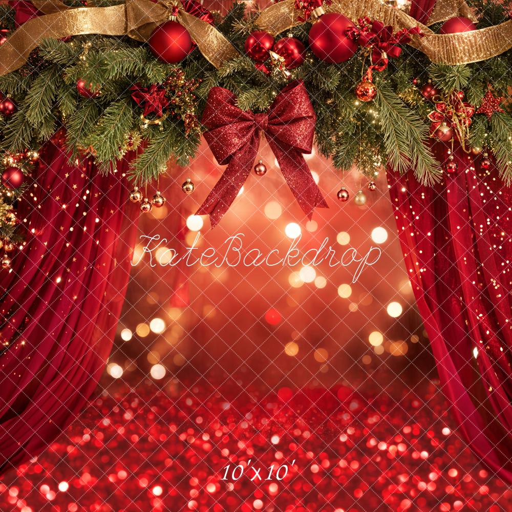 Kate Christmas Garland Red Curtains Bokeh Backdrop Designed by Emetselch - Image 7