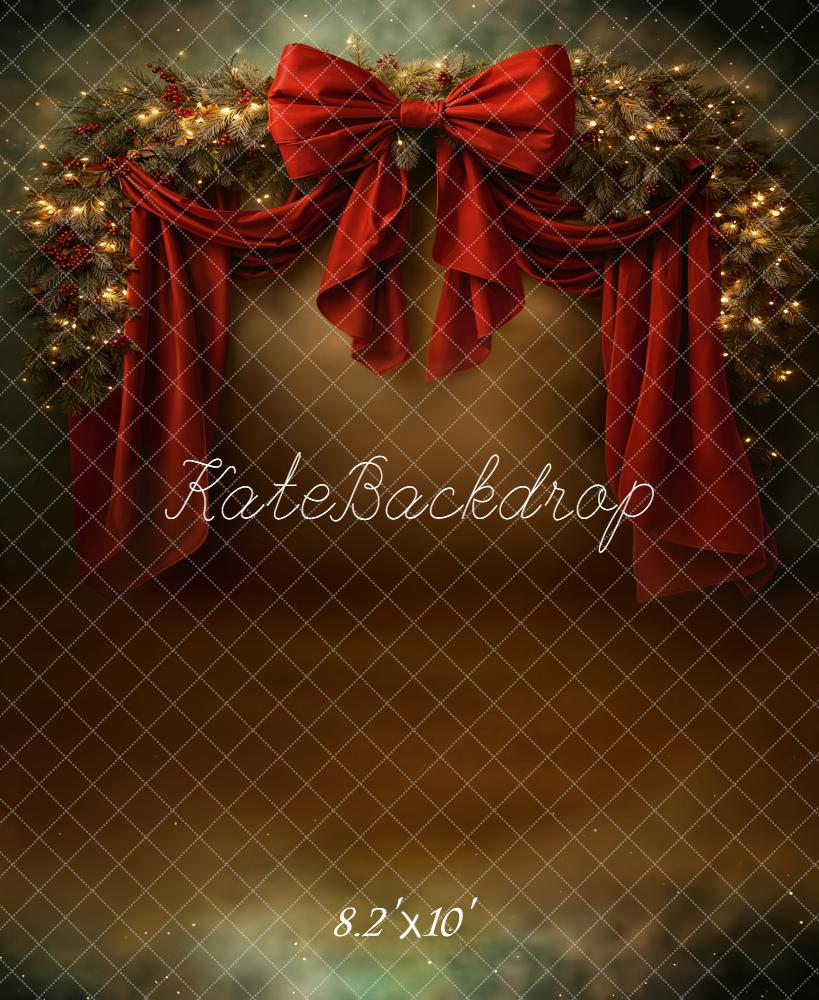 Kate Christmas Garland Red Drapes Bow Fleece Backdrop Designed by Chain Photography - Image 3