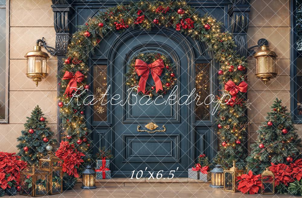 Kate Christmas Garland Wreath Red Bows Fleece Backdrop Designed by Emetselch - Image 2