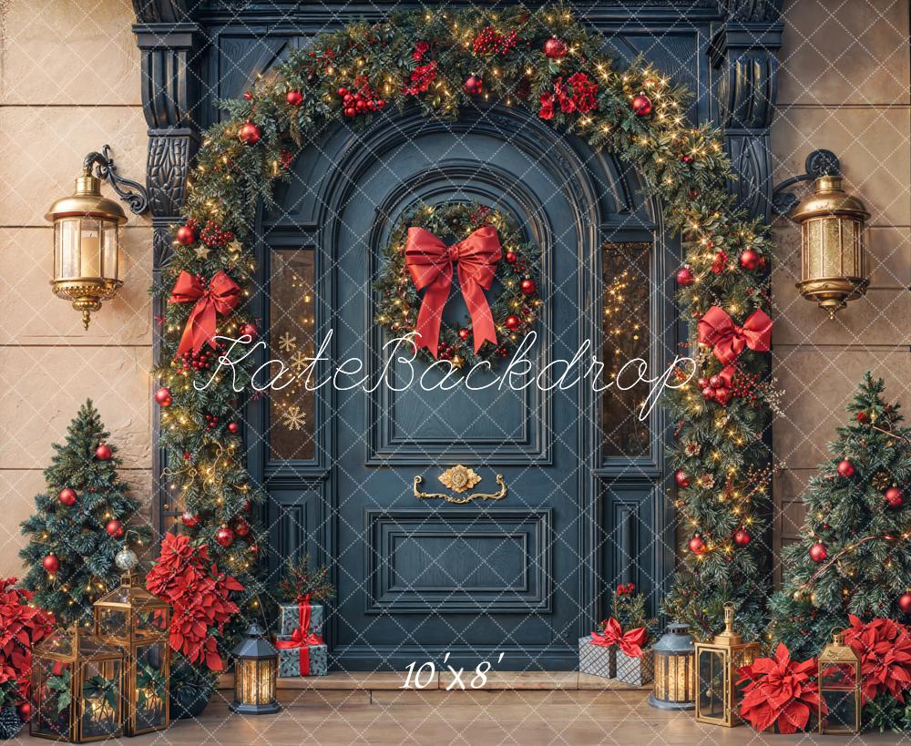 Kate Christmas Garland Wreath Red Bows Fleece Backdrop Designed by Emetselch - Image 3