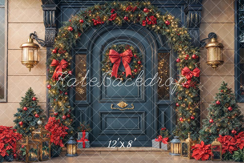Kate Christmas Garland Wreath Red Bows Fleece Backdrop Designed by Emetselch - Image 4
