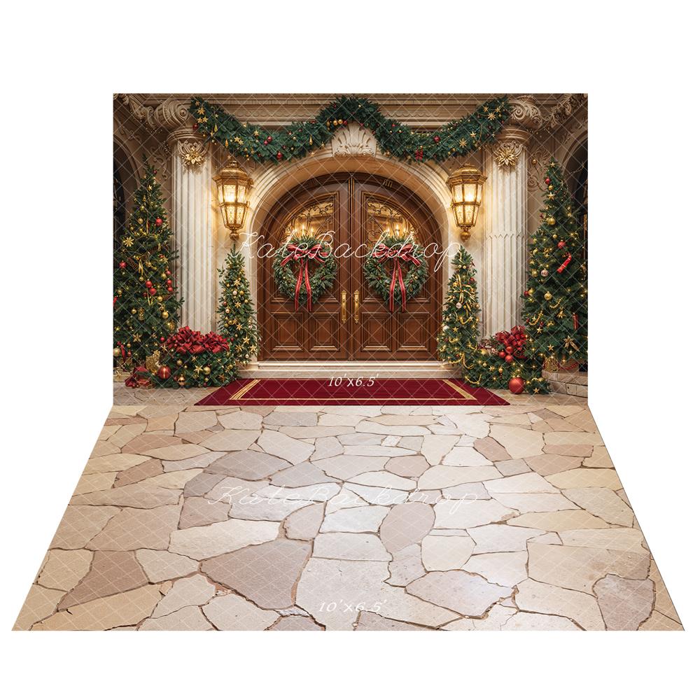 Kate Christmas Garland Wreath Trees Doorway Arch Backdrop+Beige Cobblestone Floor Backdrop