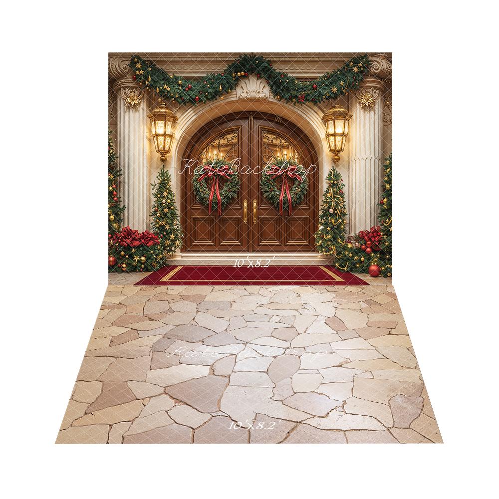 Kate Christmas Garland Wreath Trees Doorway Arch Backdrop+Beige Cobblestone Floor Backdrop - Image 2