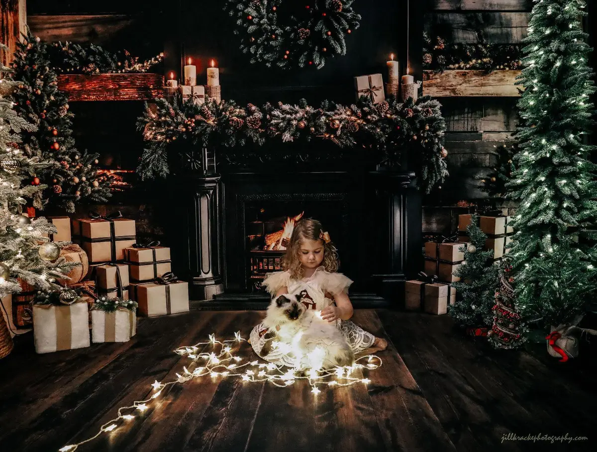 Kate Christmas Gifts Black Fireplace Wooden Wall Backdrop Designed by Emetselch - Image 4