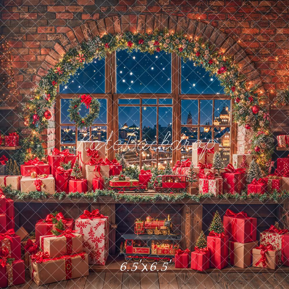 Kate Christmas Gifts Garland Brick Window Backdrop Designed by Emetselch - Image 2