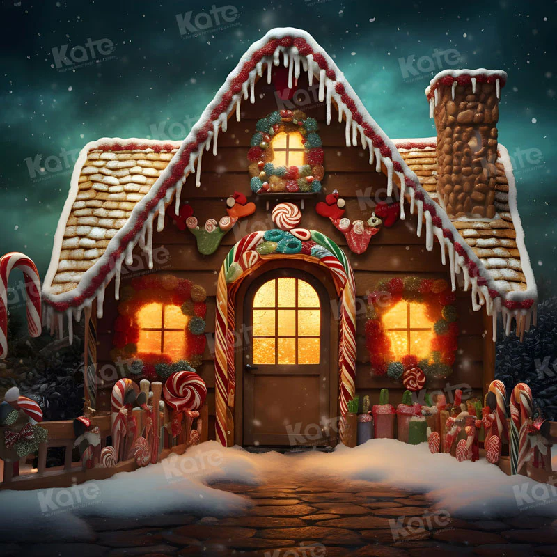 Kate Christmas Gingerbread Candy House Night Backdrop for Photography - Image 2