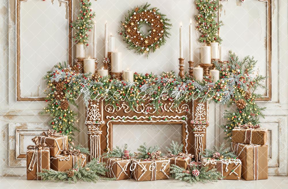 Kate Christmas Gingerbread Fireplace Garland Fleece Backdrop Designed by Emetselch - Image 2