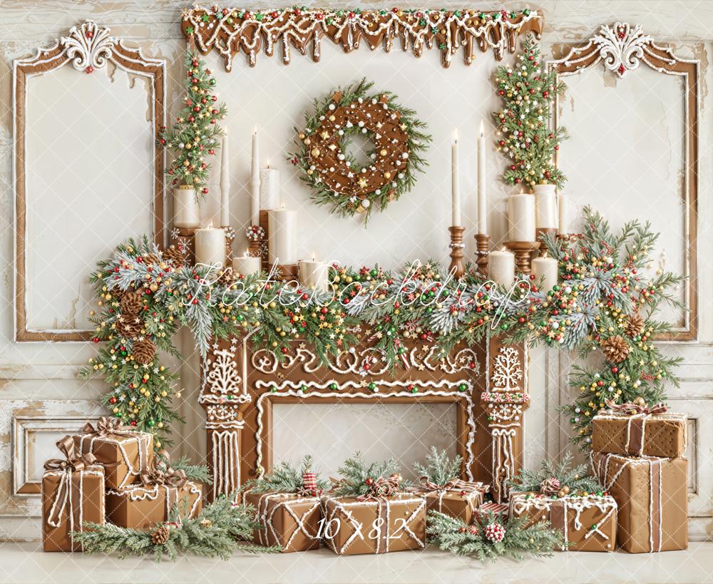 Kate Christmas Gingerbread Fireplace Garland Fleece Backdrop Designed by Emetselch - Image 3