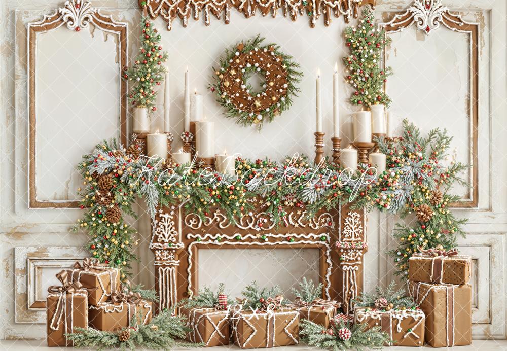Kate Christmas Gingerbread Fireplace Garland Fleece Backdrop Designed by Emetselch - Image 4