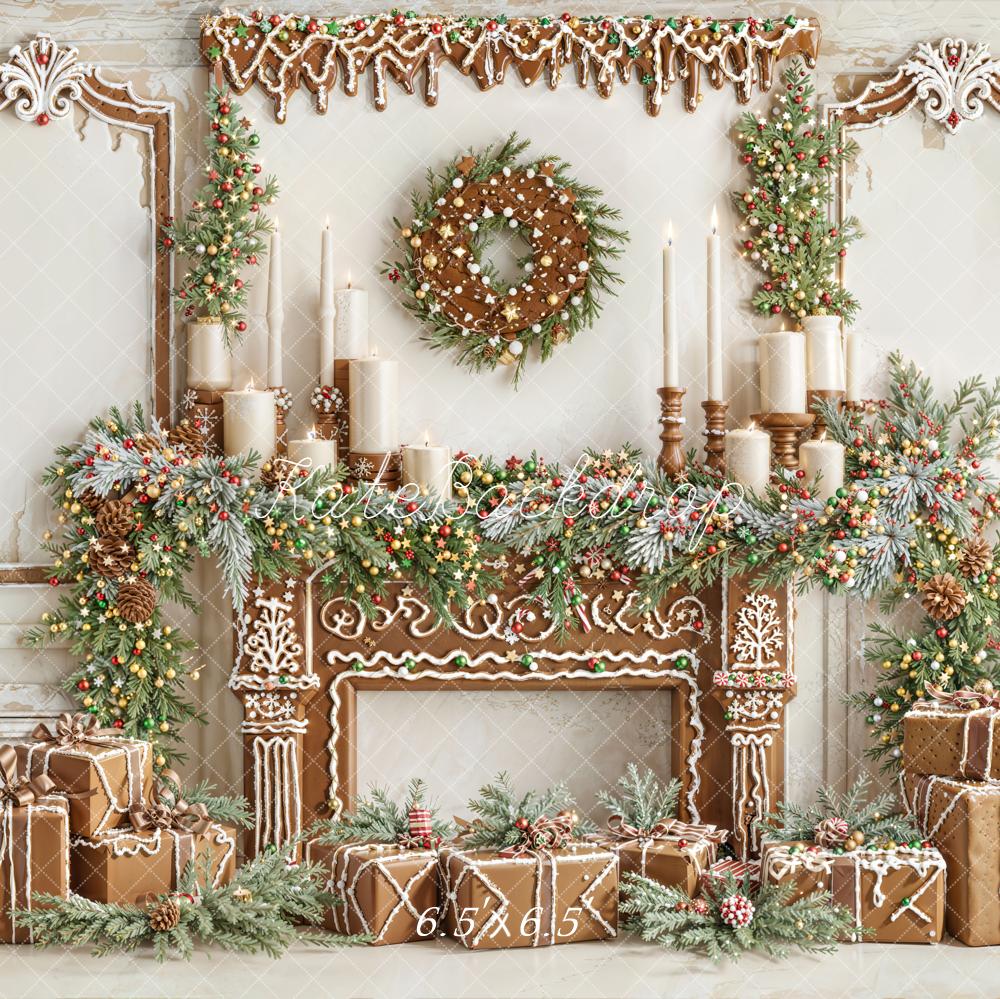 Kate Christmas Gingerbread Fireplace Garland Gifts Backdrop Designed by Emetselch - Image 2