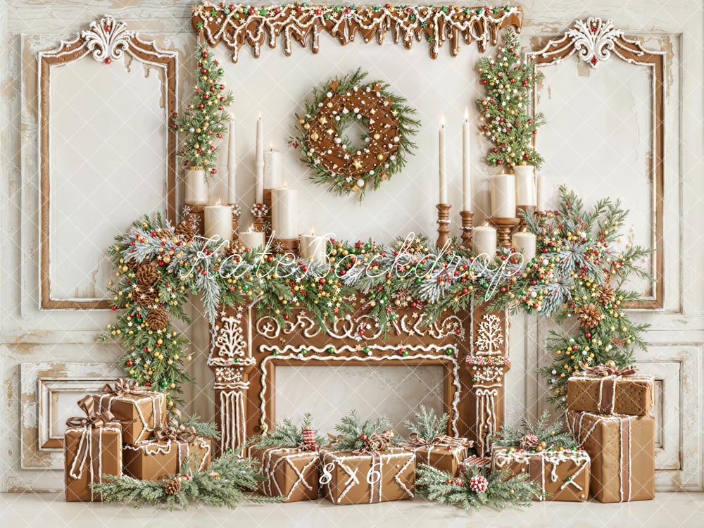 Kate Christmas Gingerbread Fireplace Garland Gifts Backdrop Designed by Emetselch - Image 3