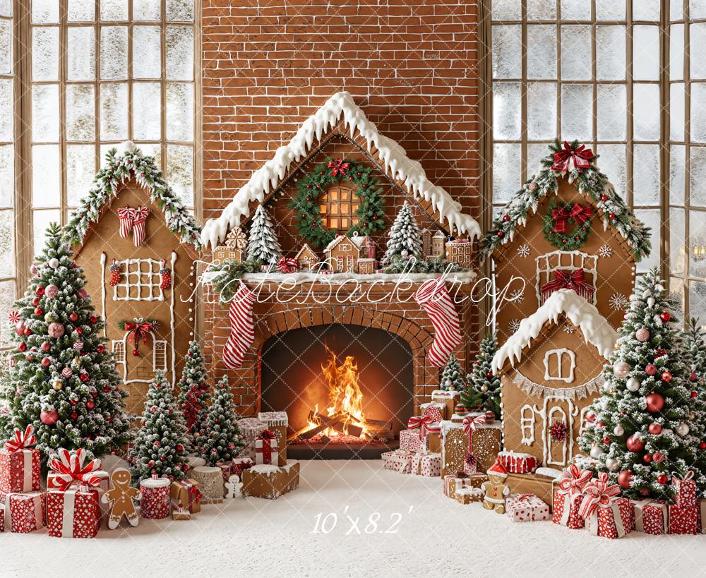 Kate Christmas Gingerbread Fireplace Tree Gifts Fleece Backdrop Designed by Emetselch - Image 3
