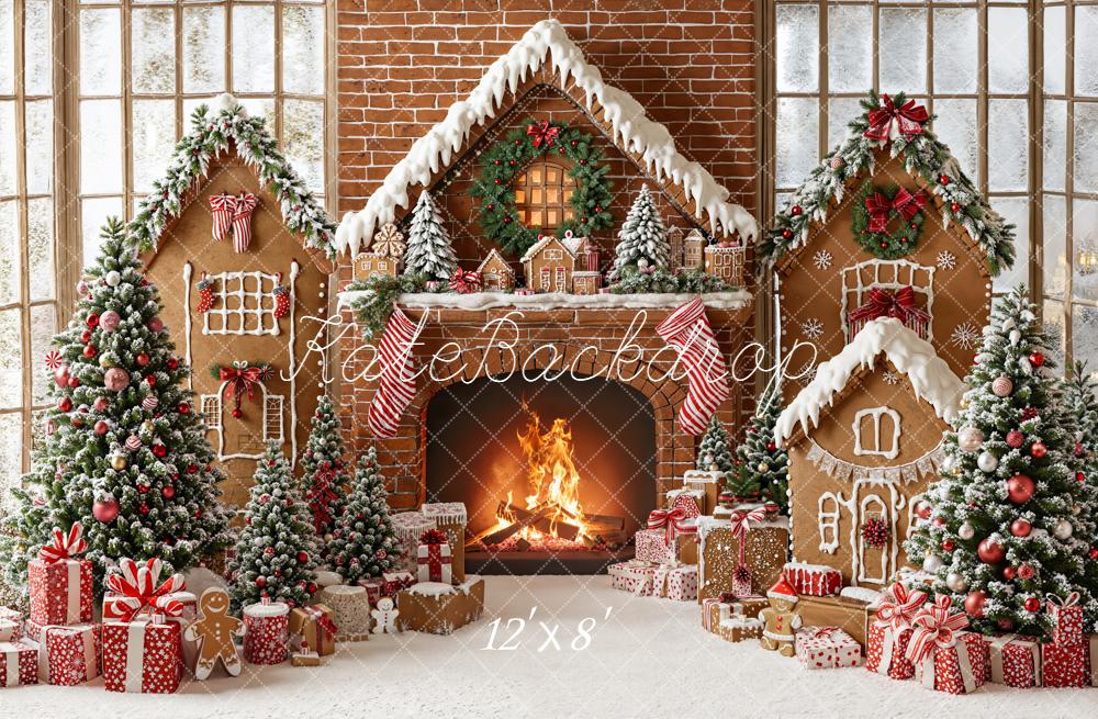 Kate Christmas Gingerbread Fireplace Tree Gifts Fleece Backdrop Designed by Emetselch - Image 4