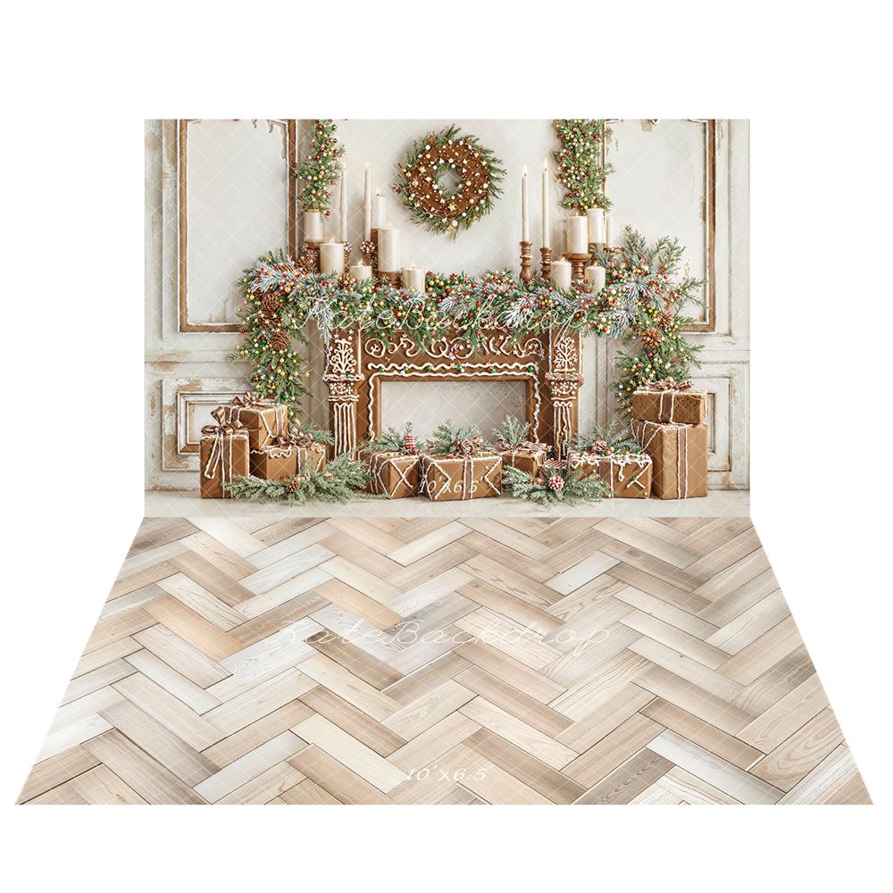 Kate Christmas Gingerbread Fireplace Gifts Backdrop+Wood Herringbone Floor Backdrop - Image 2