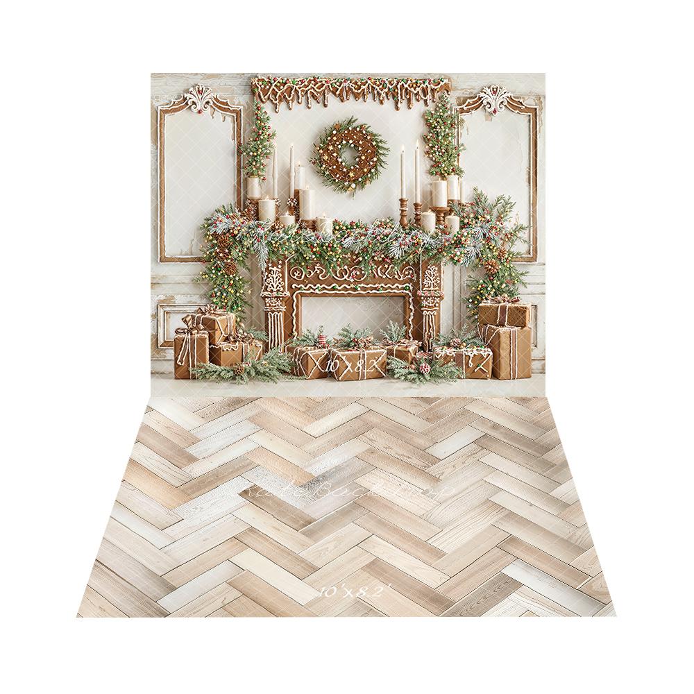 Kate Christmas Gingerbread Fireplace Gifts Backdrop+Wood Herringbone Floor Backdrop - Image 3