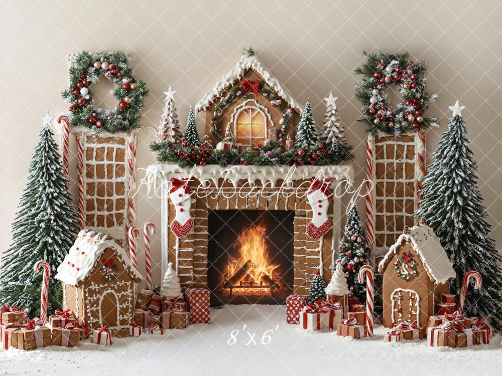 Kate Christmas Gingerbread Fireplace Wreath Trees Backdrop Designed by Emetselch - Image 3