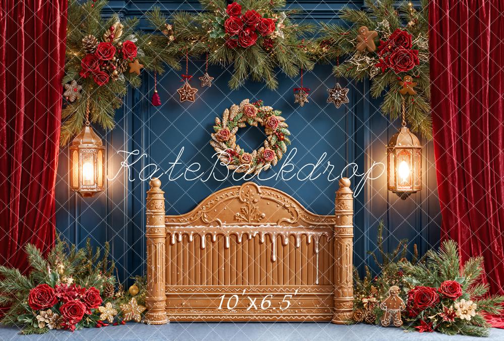 Kate Christmas Gingerbread Headboard Lanterns Fleece Backdrop Designed by Emetselch - Image 2