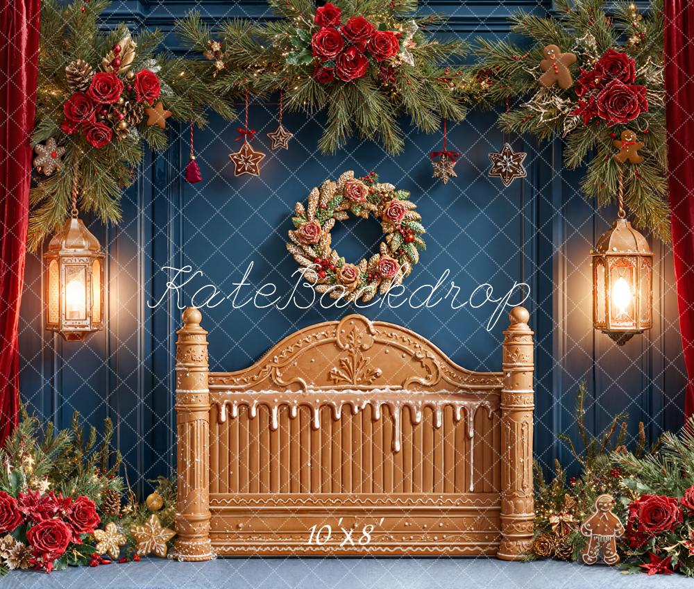 Kate Christmas Gingerbread Headboard Lanterns Fleece Backdrop Designed by Emetselch - Image 3