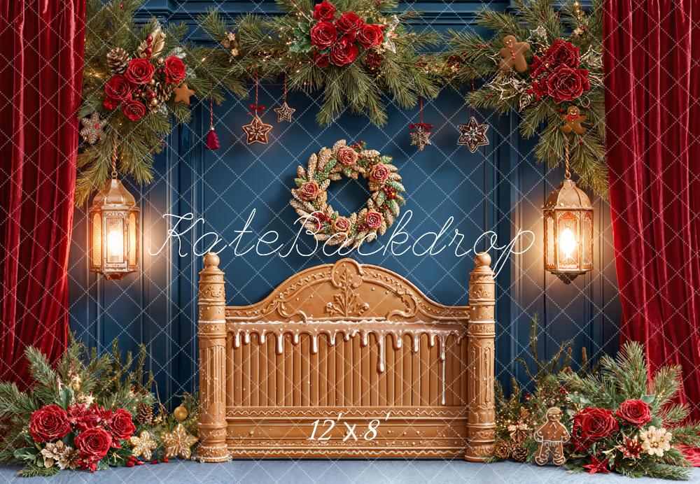 Kate Christmas Gingerbread Headboard Lanterns Fleece Backdrop Designed by Emetselch - Image 4