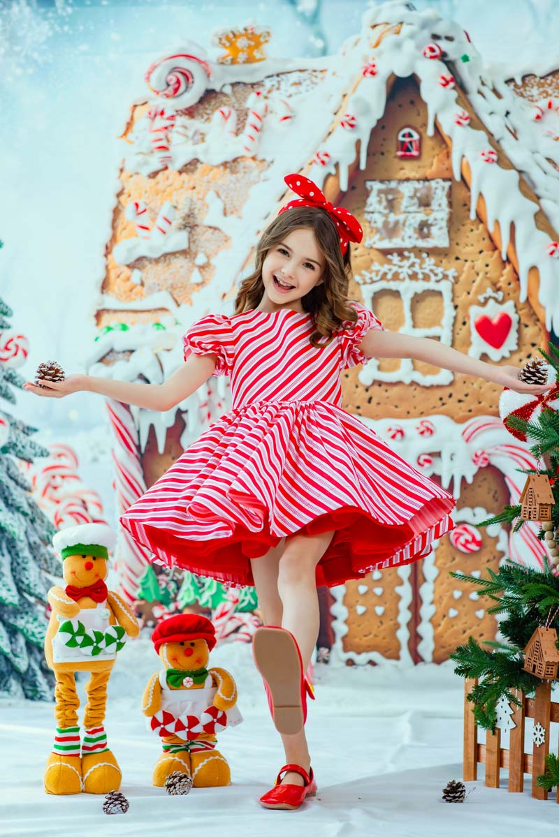 Kate Christmas Gingerbread House Candy Trees Snowy Backdrop Designed by Chain Photography - Image 2