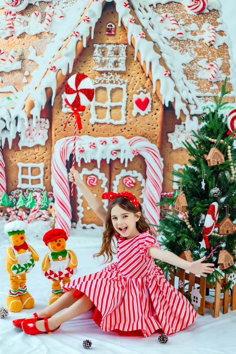 Kate Christmas Gingerbread House Candy Trees Snowy Backdrop Designed by Chain Photography - Image 3