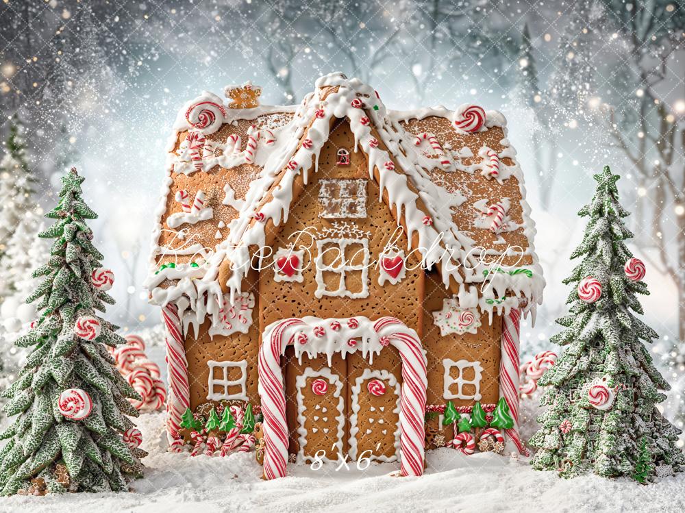 Kate Christmas Gingerbread House Candy Trees Snowy Backdrop Designed by Chain Photography - Image 7