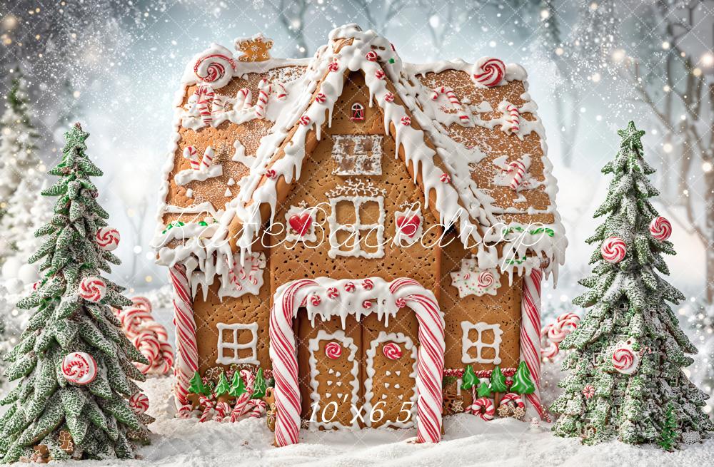 Kate Christmas Gingerbread House Candy Trees Snowy Backdrop Designed by Chain Photography - Image 9