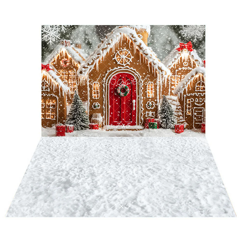 Kate Christmas Gingerbread Houses Snowy Backdrop+Winter Snow Floor Backdrop - Image 2
