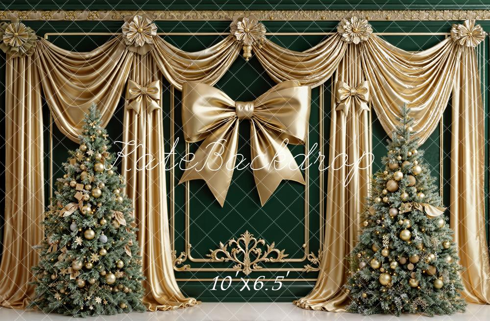 Kate Christmas Gold Bow Green Curtain Trees Fleece Backdrop Designed by Emetselch - Image 2