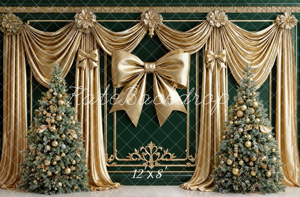 Kate Christmas Gold Bow Green Curtain Trees Fleece Backdrop Designed by Emetselch - Image 4