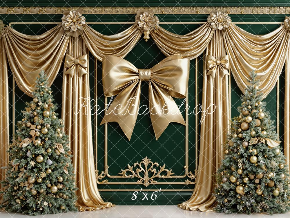 Kate Christmas Gold Drapes Bow Green Trees Backdrop Designed by Emetselch - Image 3