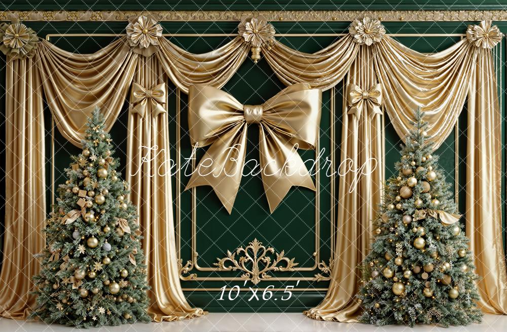 Kate Christmas Gold Drapes Bow Green Trees Backdrop Designed by Emetselch - Image 4